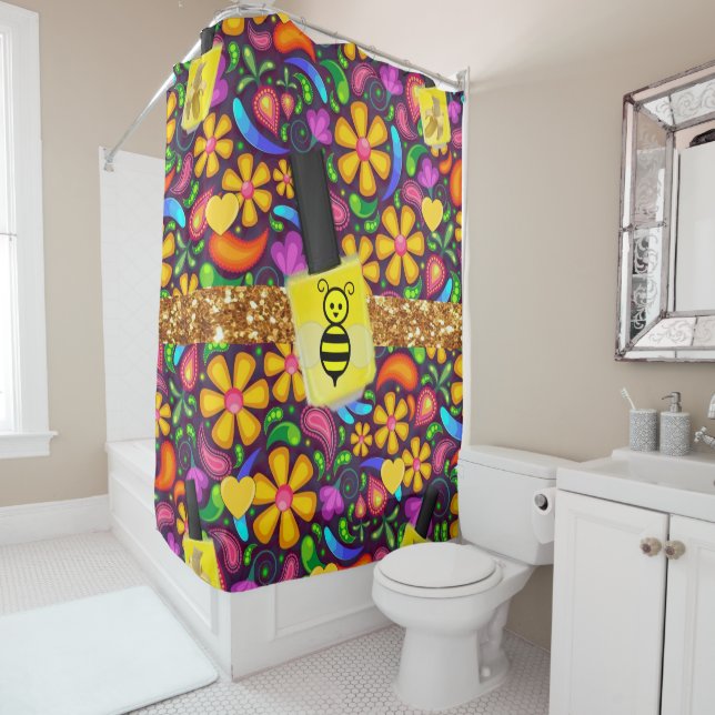 Shower Curtain Colourful Flowers Floral Bumblebee (In Situ)