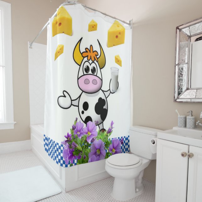 Shower Curtain Cow Milk Cheese Blue Plaid (In Situ)