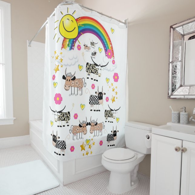 Shower Curtain Cows Sun Rainbows Flowers Floral (In Situ)