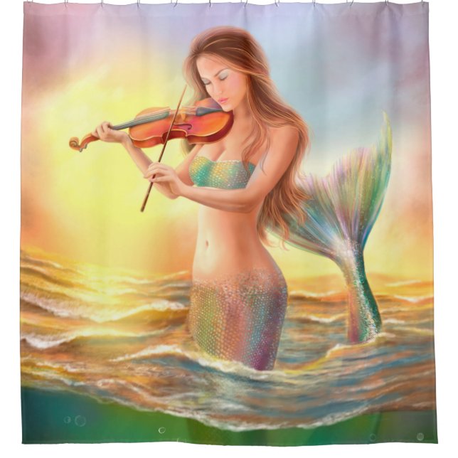 Shower Curtain fantasy mermaid plays on violin (Front)