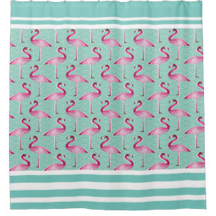 Shower Curtain/Flamingos-Green and White Stripes Curtain