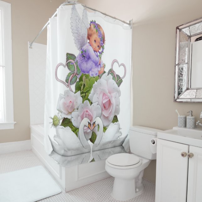Shower Curtain Floral Angel White Swans (In Situ)