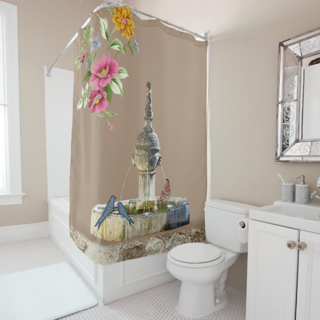 Shower Curtain Floral Birds Stones Beige (In Situ)