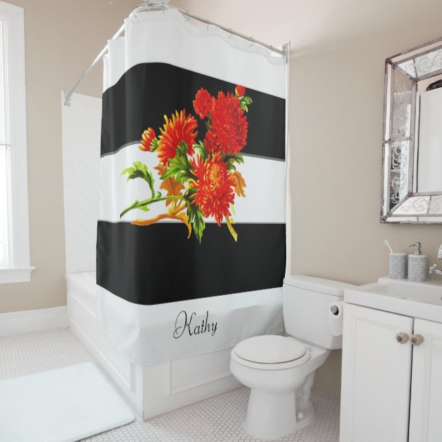 Shower Curtain Floral Black Stripe (In Situ)