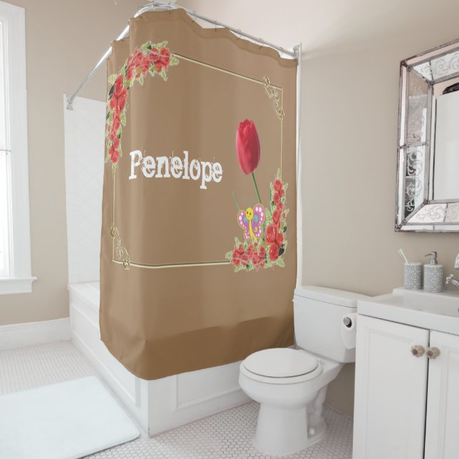 Shower Curtain Floral Butterfly Beige Monogram (In Situ)
