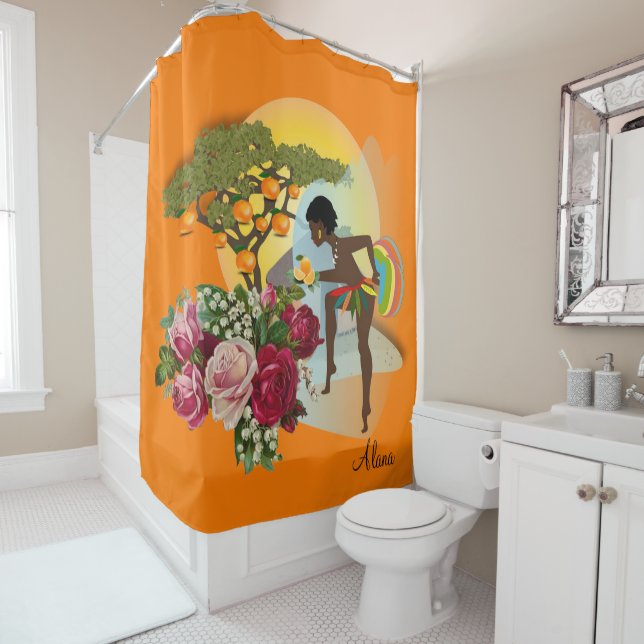 Shower Curtain Floral Orange African Woman (In Situ)