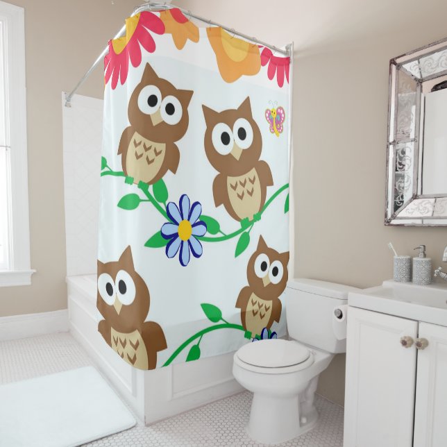 Shower Curtain Floral Owls Butterfly (In Situ)