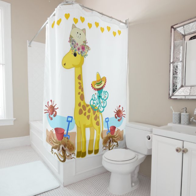 Shower Curtain Giraffe Cat Octopus Crab (In Situ)
