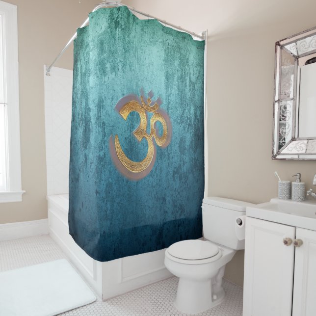 Shower Curtain gold blue damask yoga symbol om (In Situ)
