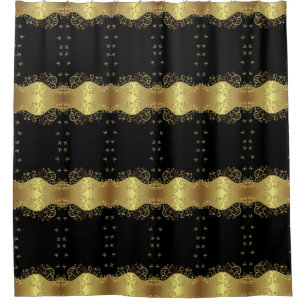 Shower Curtain--Gold Swirls & Black Curtain