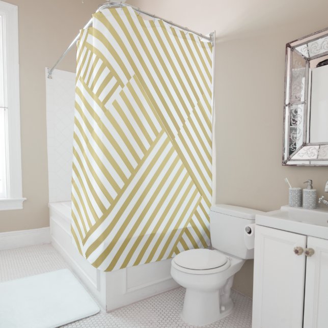 Shower Curtain-Graphic Design, stripes white&gold Shower Curtain (In Situ)