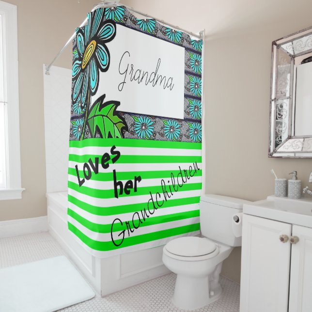Shower Curtain Green and White Stripe Floral (In Situ)