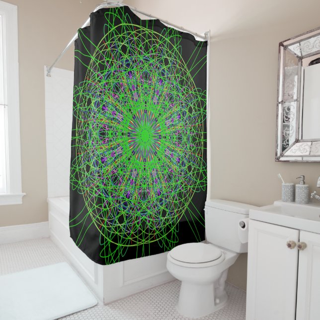 Shower Curtain, Green Black Kaleidoscope Art Curtain (In Situ)