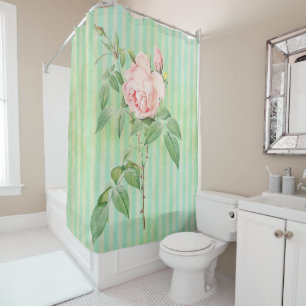 Shower Curtain Green & White Stripe Pink Rose