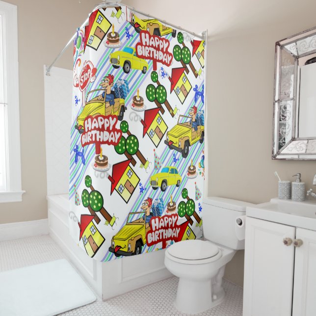 Shower Curtain Happy Birthday Boys Cars Dogs (In Situ)