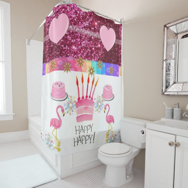 Shower Curtain Happy Birthday Flamingo (In Situ)