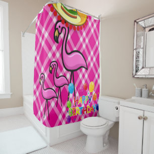 Shower Curtain Happy Birthday Flamingo