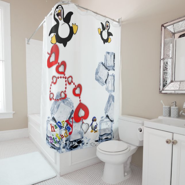Shower Curtain Happy Birthday Penguin (In Situ)