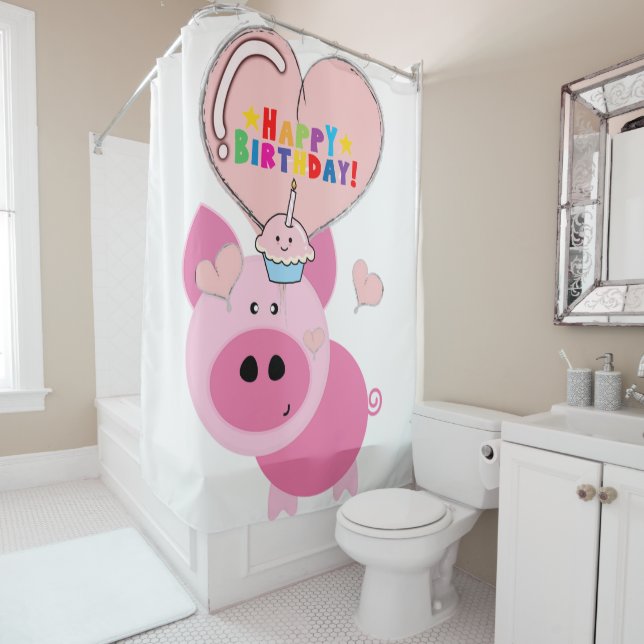 Shower Curtain happy Birthday Pink Pig (In Situ)