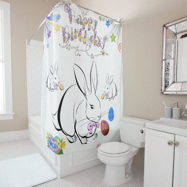 Shower Curtain happy Birthday Rabbit (In Situ)