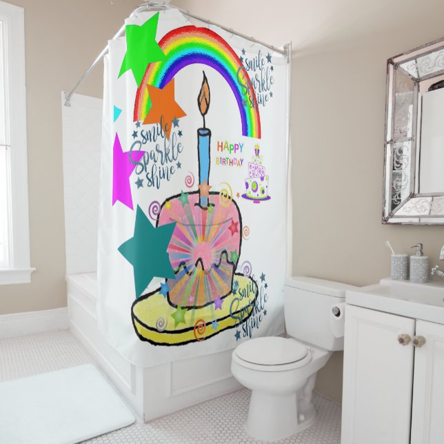 Shower Curtain Happy Birthday Rainbow (In Situ)
