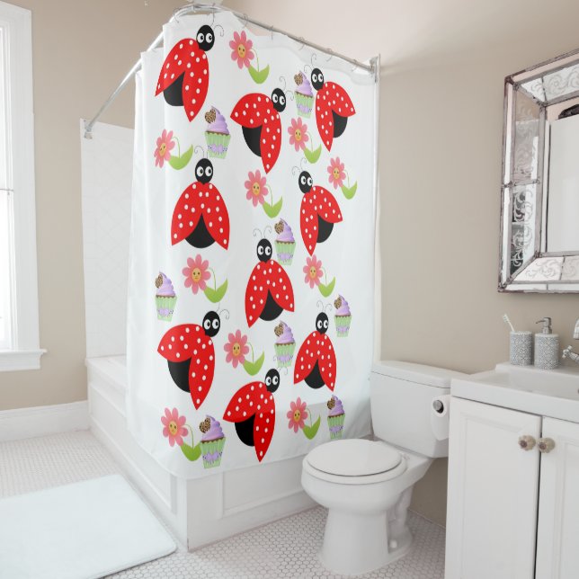 Shower Curtain Ladybug Floral Cupcake (In Situ)
