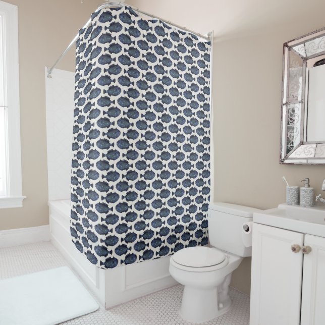 SHOWER CURTAIN - LOTS OF FISHES BLUE ON LINEN (In Situ)