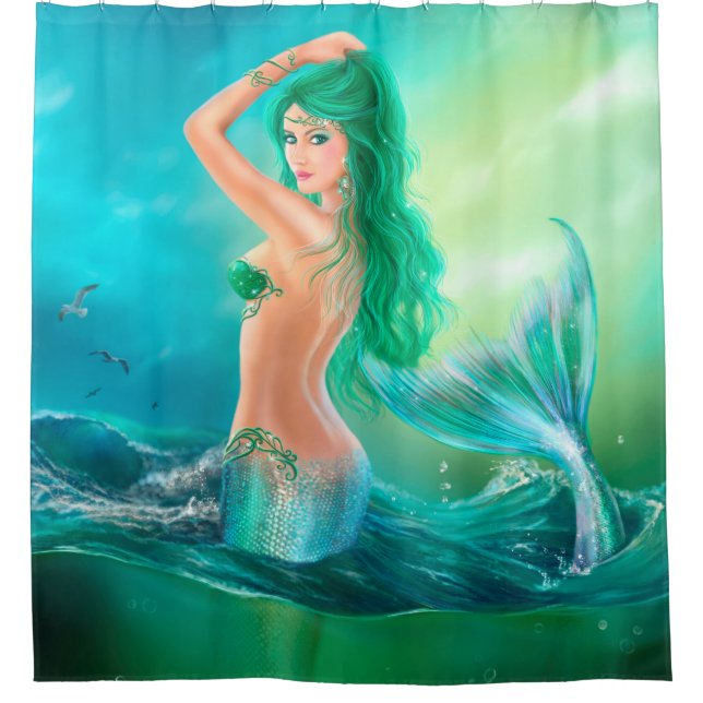 Shower Curtain, mermaid fantasy at ocean on waves Curtain (Front)