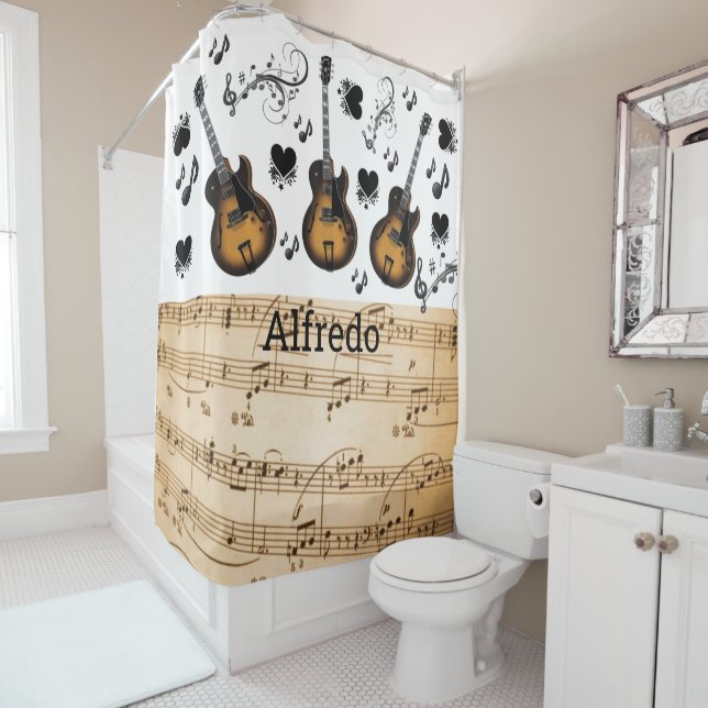 Shower Curtain Music Notes Guitar Black Hearts (In Situ)