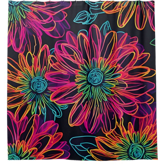 Shower Curtain Neon Pink Wildflowers (Front)