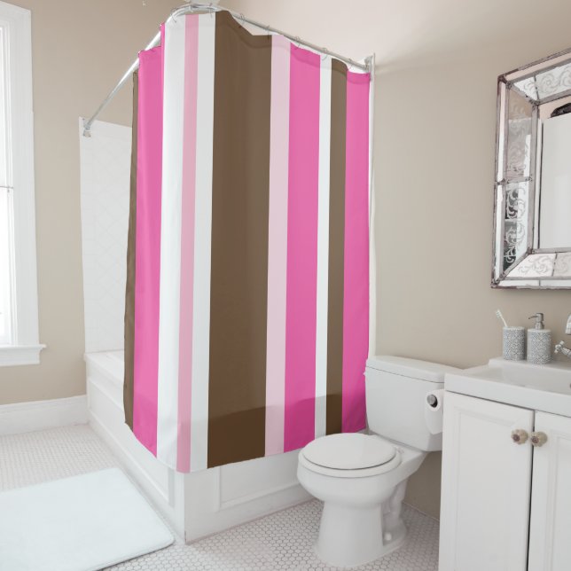 Shower Curtain Neutral Brown & Pink Stripe  (In Situ)
