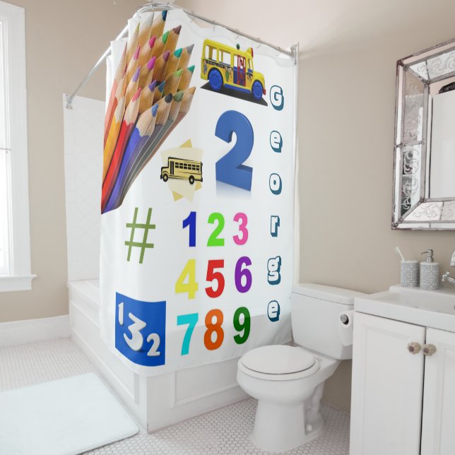 Shower Curtain Numbers Colourful Pencils Truck (In Situ)