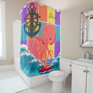 Shower Curtain Octopus Beach Waves Coloured Blocks