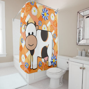 Shower Curtain Orange Hearts Blue Flowers Cow