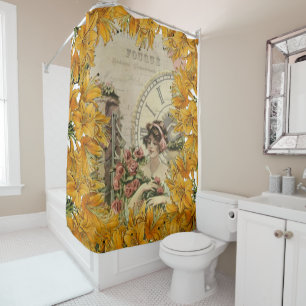 Shower Curtain Paris France Gold Yellow Floral