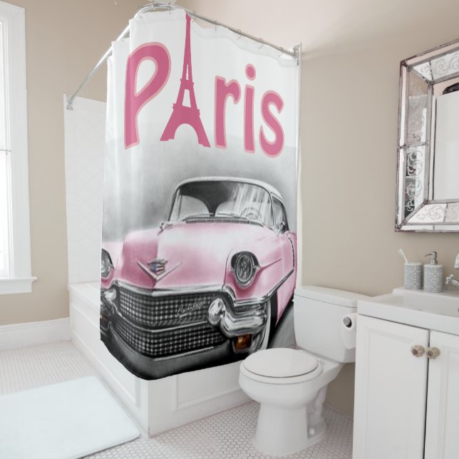 Shower Curtain Paris France, Pink Car (In Situ)