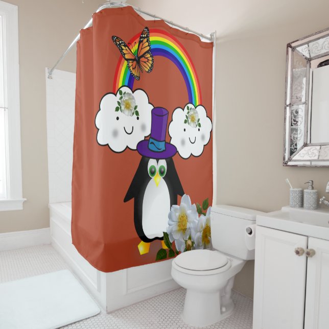 Shower Curtain Penguin Butterfly Floral Rainbow (In Situ)