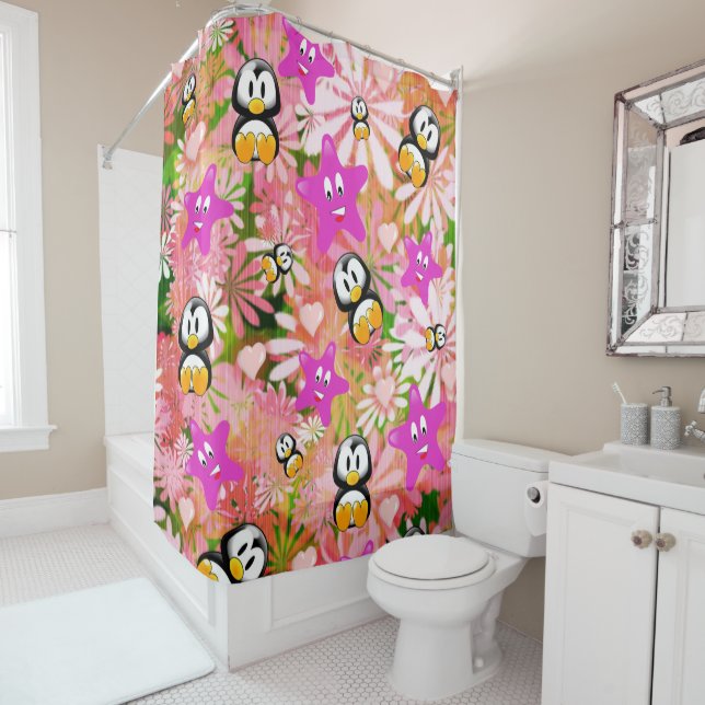 Shower Curtain Penguin Floral (In Situ)