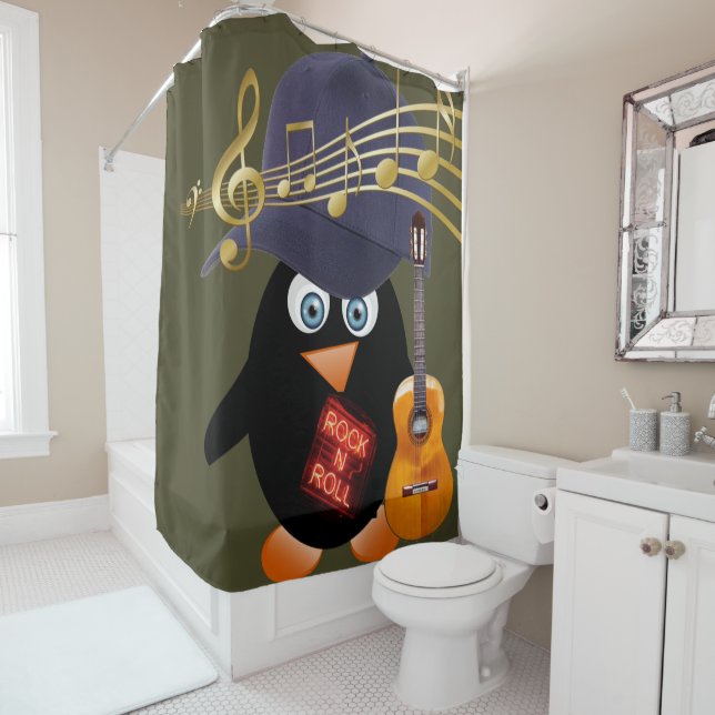 Shower Curtain Penguin Rock n Roll Guitar (In Situ)
