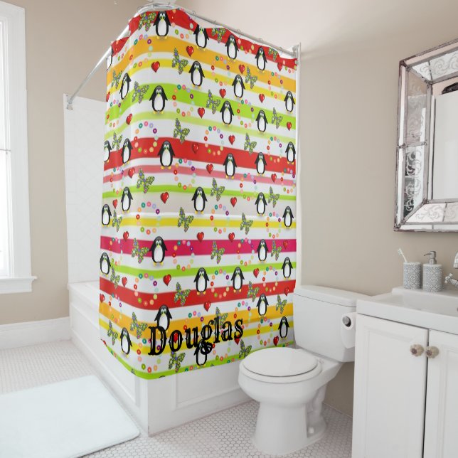 Shower Curtain Penguin Stripe Butterfly (In Situ)