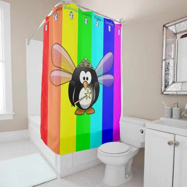 Shower Curtain Penguin Stripe Days Of week (In Situ)