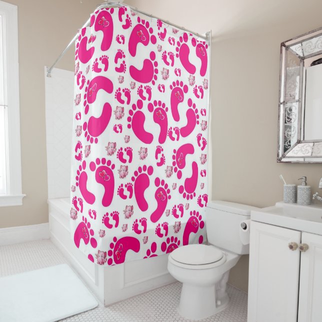 Shower Curtain Pink Baby Feet Hearts (In Situ)