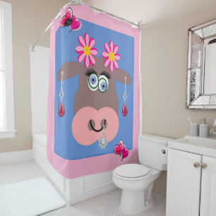 Shower Curtain Pink Cow Blue Floral