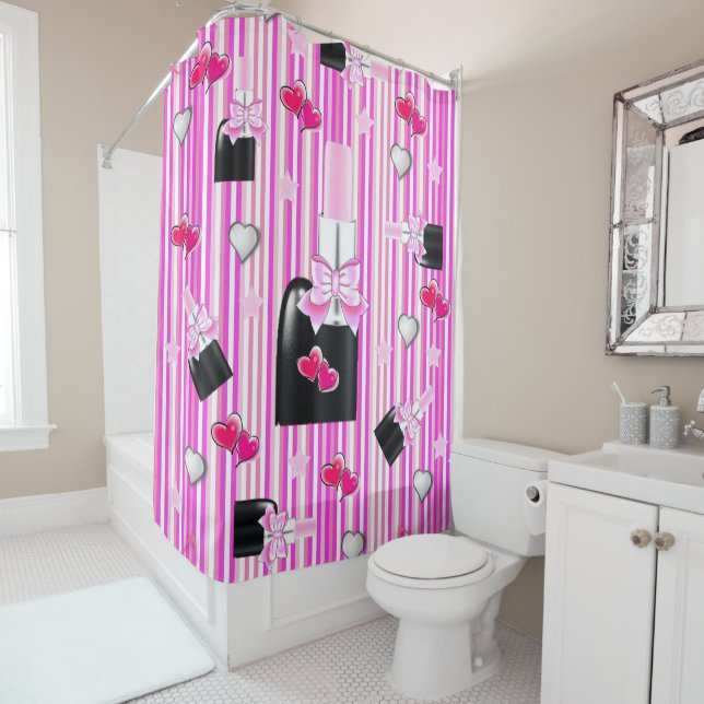 Shower Curtain Pink Lipstick Stripe Hearts (In Situ)