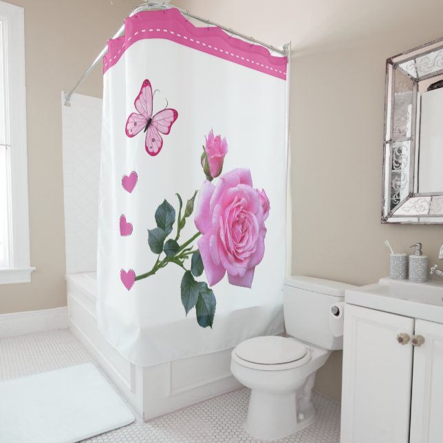 Shower Curtain Pink Rose Floral Pink Butterfly (In Situ)
