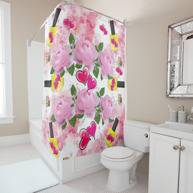 Shower Curtain Pink Roses Yellow Nail Polish Heart (In Situ)
