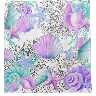 Shower Curtain Pink Teal And White Seashells