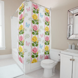 Shower Curtain Pink & Yellow Roses Stripe Floral