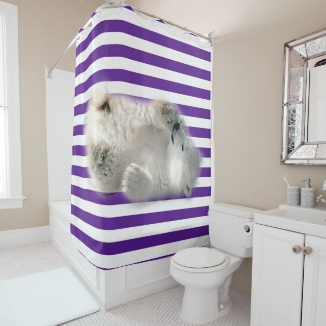 Shower Curtain Polar Bear Purple Stripe (In Situ)
