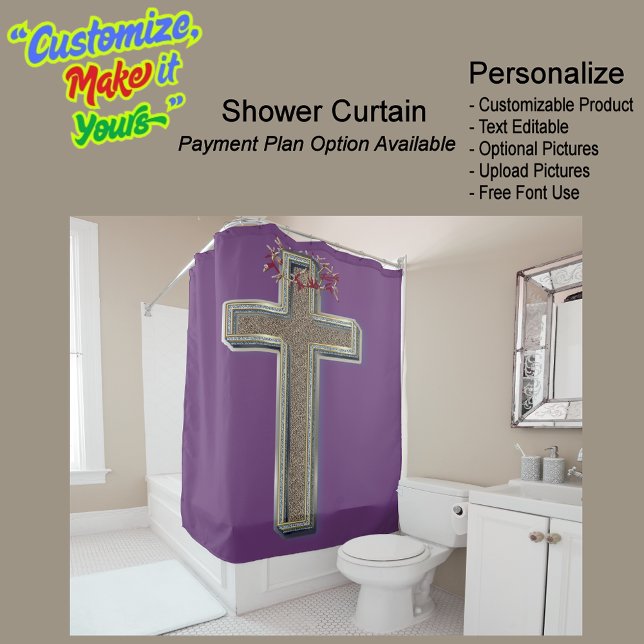 Shower Curtain Purple Background (Cross Biblical Shower Curtain Featuring a Purple Background.)